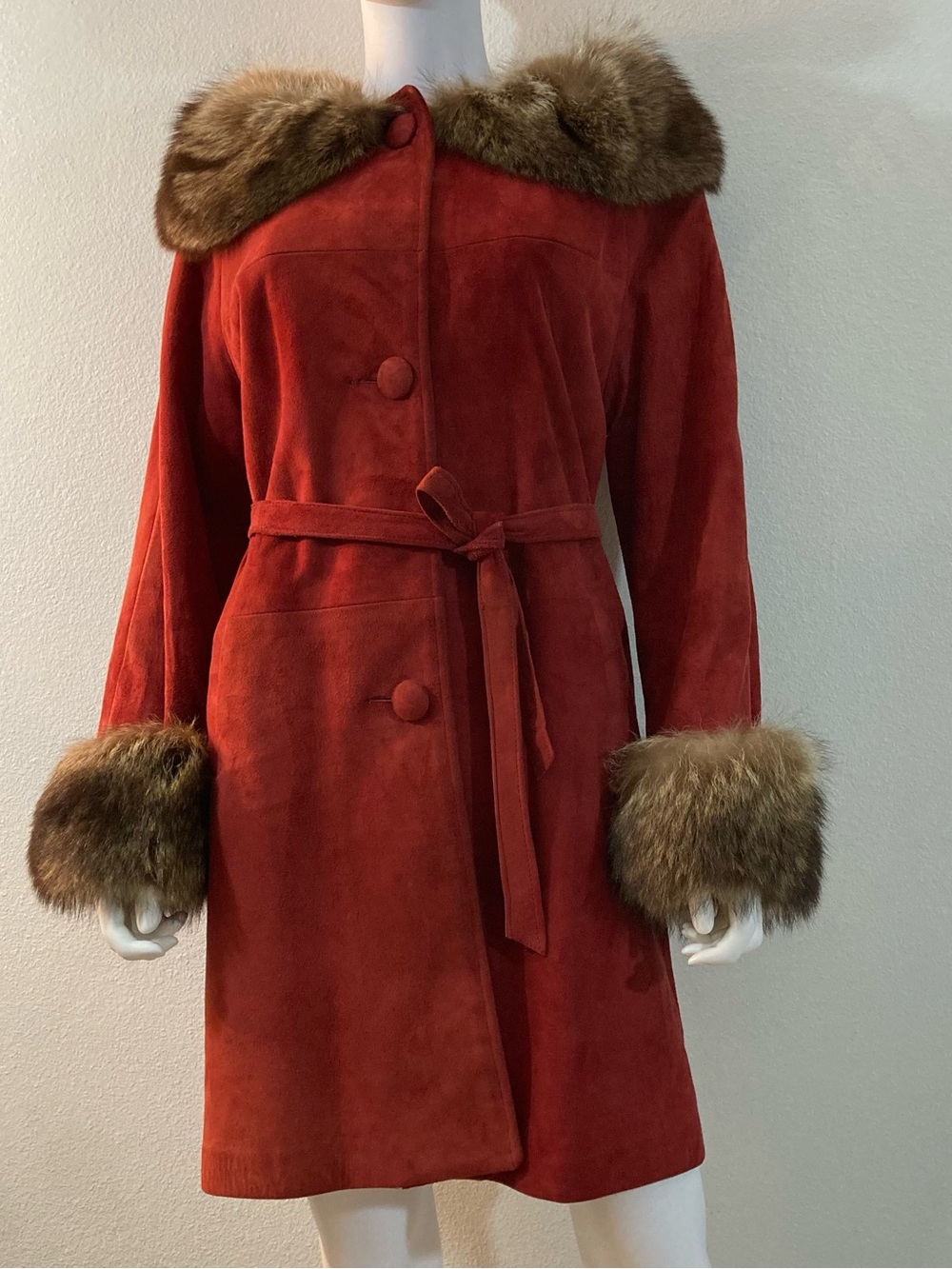Fur Collar Belted Vintage Suede Jacket, Fur Cuffs, Burgundy Coat, Size M